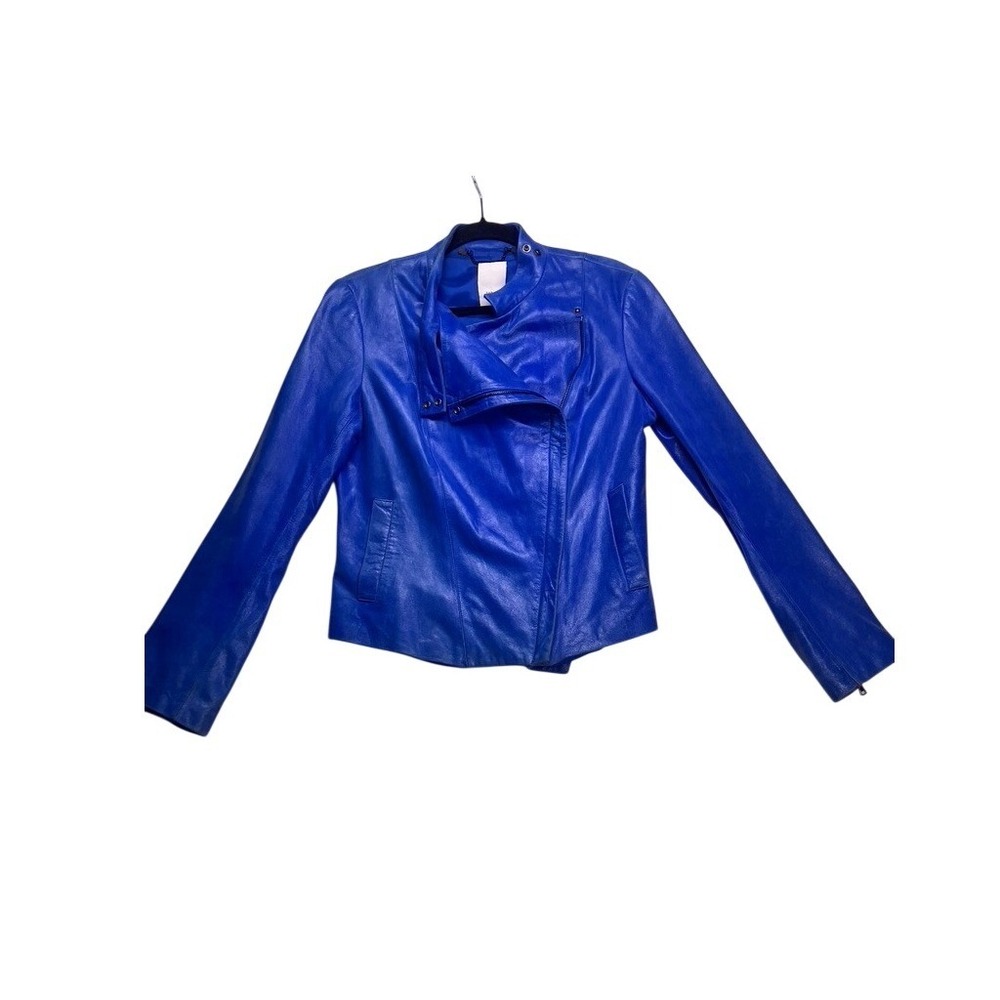 Robert Rodriguez Blue Leather Moto Jacket Women 12 Blue Asymmetrical Zip